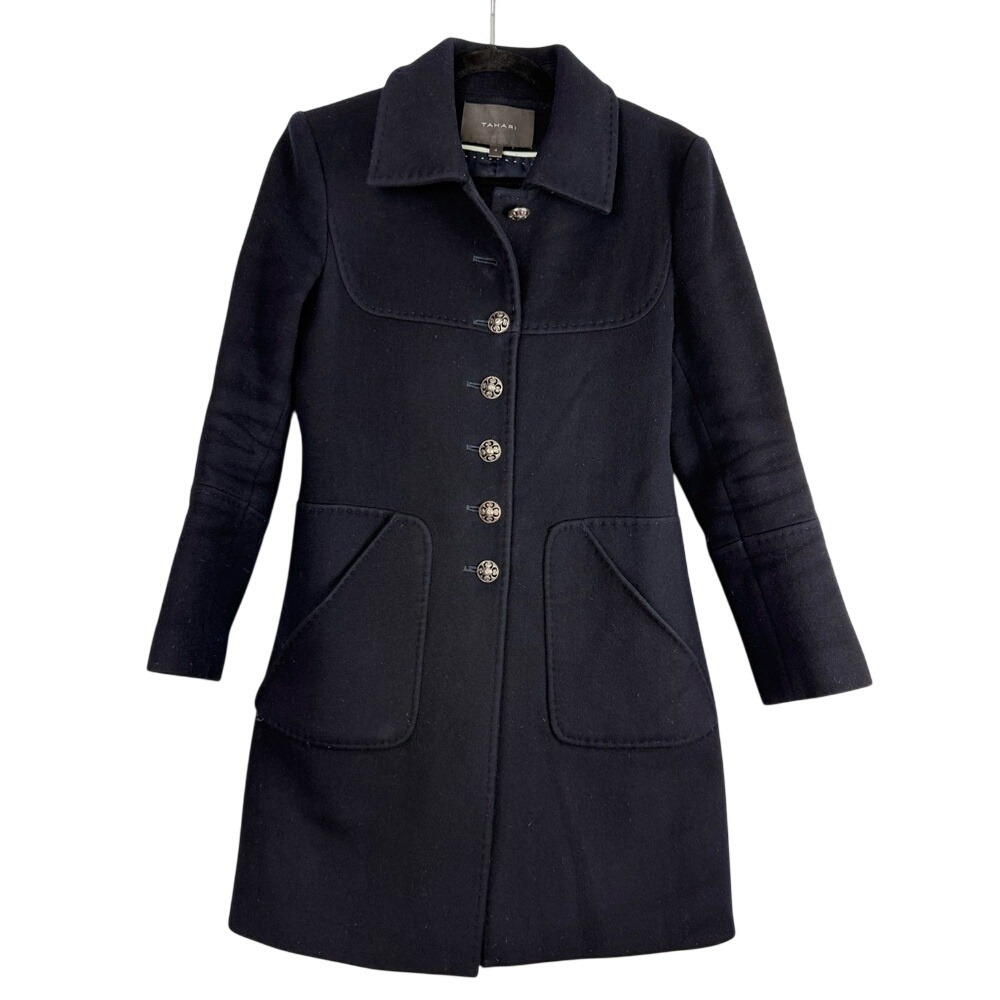 Tahari Dark Navy Wool-Blend Peacoat with Decorative Buttons